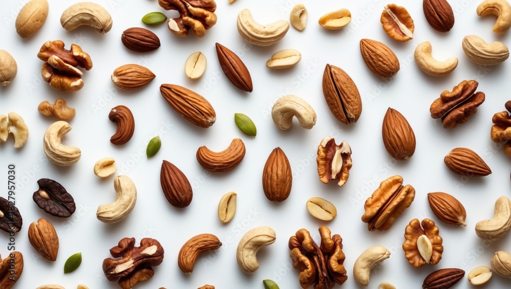 Poster mixed nuts displayed on a white background from a top perspective.