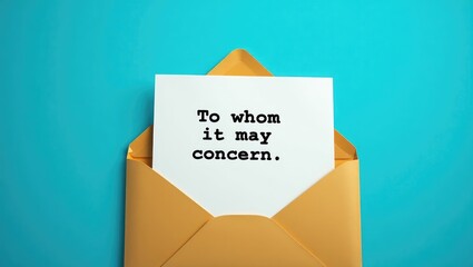 Envelope in an office setting containing a typed document titled TO WHOM IT MAY CONCERN, a phrase used at the start of a letter or document when the recipients are unidentified.