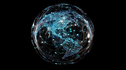 Holographic globe with network nodes, world connection, international business.