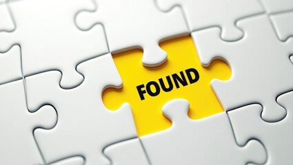 Lost and found idea. To locate or uncover something concealed or absent. The term found displayed on the missing jigsaw puzzle piece.