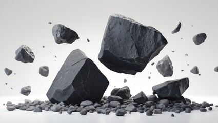 Meteorite stones and rocks suspended in the air against a white background. A cluster of fractured rocks and stones moving through space concept.