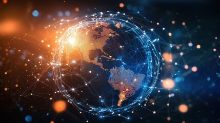 Obraz premium Holographic globe with network nodes, world connection, international business.