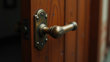 External door handle lacking a protective lock on a wooden frame. Close-up view of a metallic door handle on a brown front or interior door. Home door design selection concept.