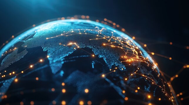 Holographic globe with network nodes, world connection, international business.
