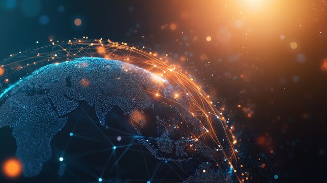Holographic globe with network nodes, world connection, international business.