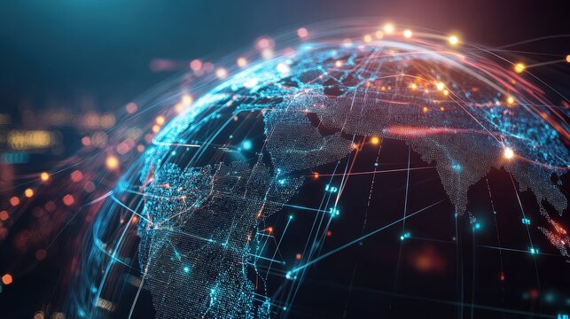 Holographic globe with network nodes, world connection, international business.