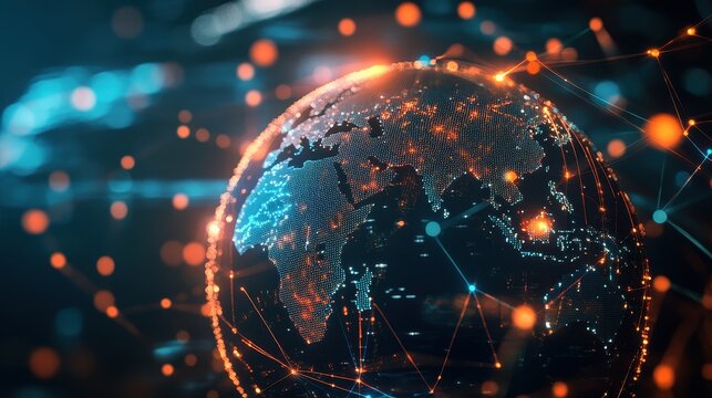 Holographic globe with network nodes, world connection, international business.