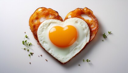 fried egg shaped like a heart on a white background ready for culinary creativity