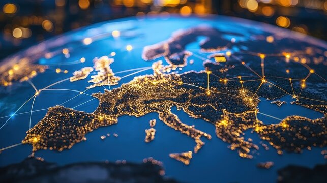Holographic globe with network nodes, world connection, international business.