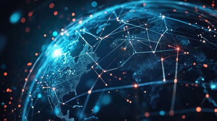 Obraz premium Holographic globe with network nodes, world connection, international business.