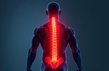 Man, injury and back pain of fitness in studio, anatomy of spine and xray for diagnosis. Red glow, mockup and rear view of person for inflammation of muscle ache, spinal stenosis and gray background