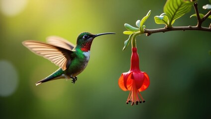 Naklejka premium Violet-fronted Brilliant Hummingbird in mid-air gathering nectar from a flower in the background.