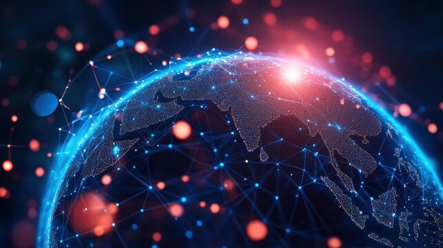 Holographic globe with network nodes, world connection, international business.