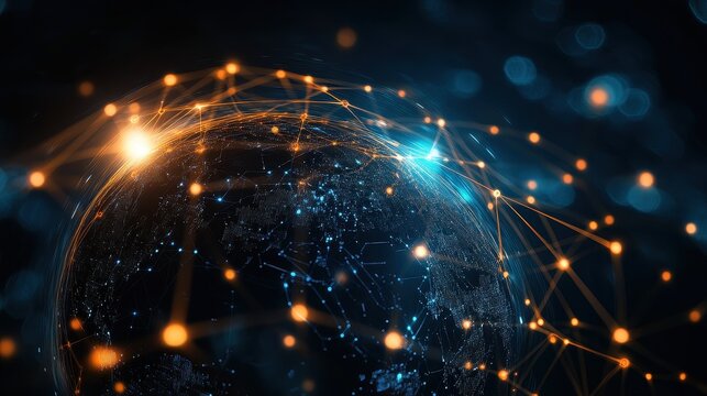 Holographic globe with network nodes, world connection, international business.