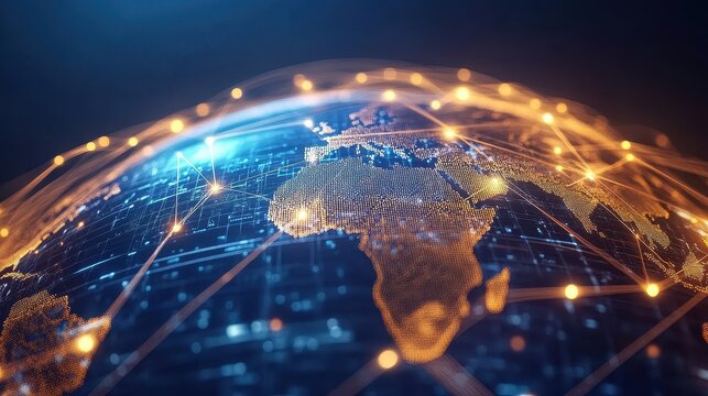 Holographic globe with network nodes, world connection, international business.