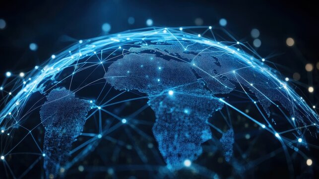 Holographic globe with network nodes, world connection, international business.