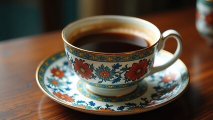 Fototapeta premium Turkish Coffee served in a traditional porcelain cup. Delightful coffee presentation.
