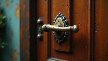 Fototapeta premium External door handle lacking protective lock on wooden frame. Close-up of metallic door handle on brown front or interior door. Concept of home door design choices.