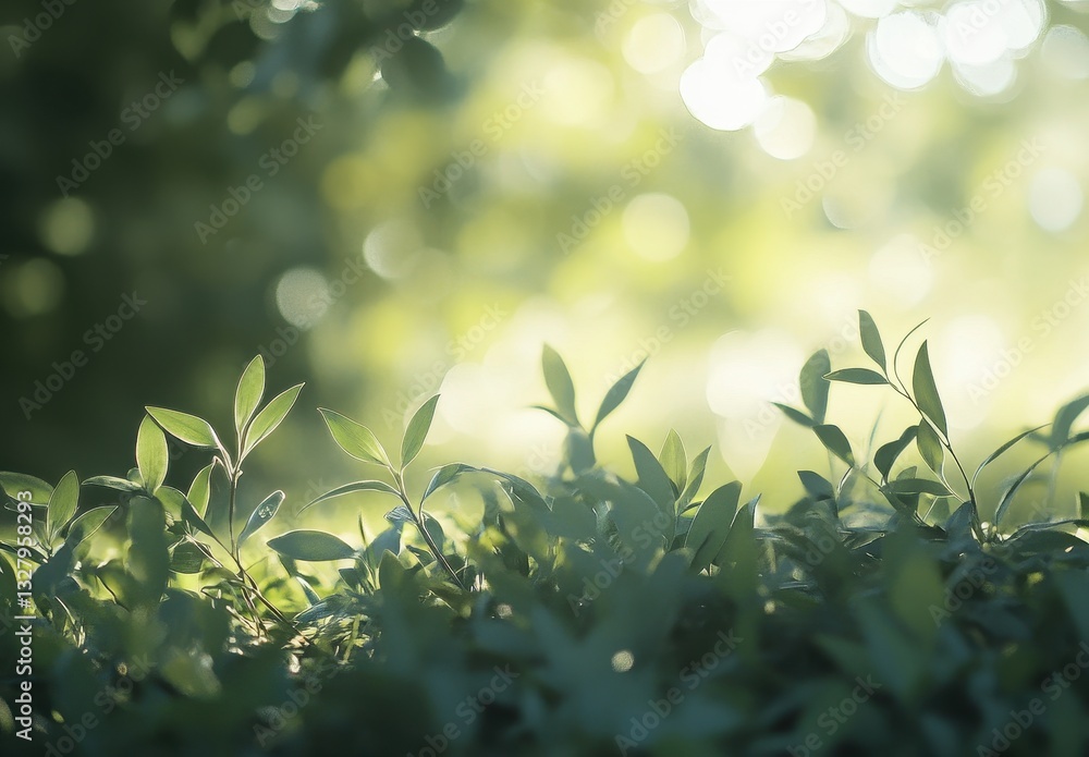 Poster soft green foliage with blurred background creating a tranquil atmosphere and capturing the essence 