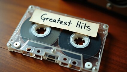 Fototapeta premium Vintage audio cassette tape labeled with the description Greatest Hits.