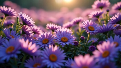 Fototapeta premium The image displays a patterned background featuring a variety of plants and flowers, prominently including the aromatic aster, recognized for its vibrant colors, along with other types.