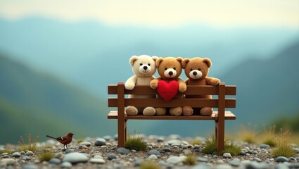 Two teddy bears on a wooden chair with a natural backdrop. Concept about love and relationship.