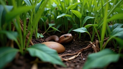 Obraz premium Venomous copperhead snake concealed amongst the grass in nature.