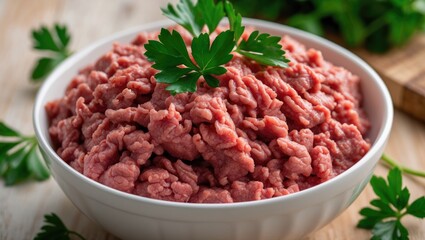 Close-up of a bowl filled with lean red raw ground meat