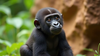 Obraz premium A young lowland gorilla curiously gazes forward with innocence. The vibrant green jungle backdrop accentuates its expressive eyes and contemplative demeanor.