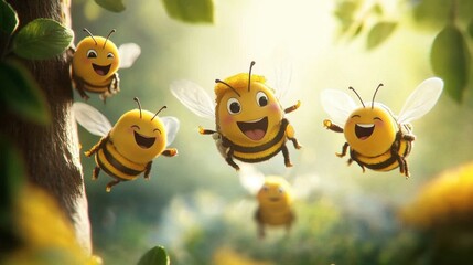 Obraz premium Cheerful Cartoon Bees Flying in a Sunny Floral Environment