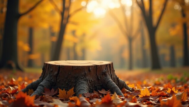 Stunning autumn scenery featuring a stump in the forest. Vibrant foliage in the park. Falling leaves provide a natural backdrop. Mockup podium for product display.