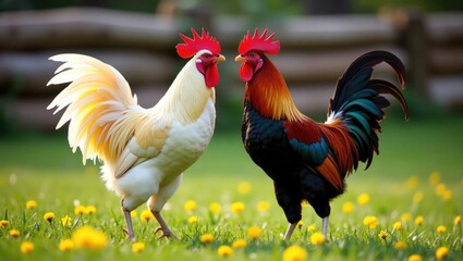 Fototapeta premium Two roosters are engaged in a fight on the green grass of the backyard while flapping their wings.