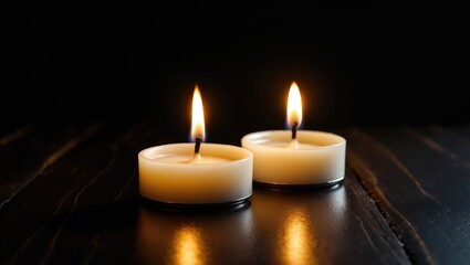 Two candles glowing against a black background. The concept of mourning.