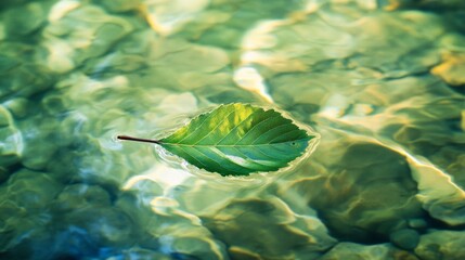 Fototapeta premium Green Leaf Floating on Clear Water with Rocks