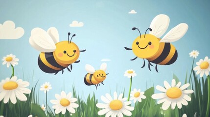 Playful Cartoon Bees Flying Over Colorful Flower Meadow Scene