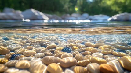 Obraz premium A crystal-clear river with smooth pebbles visible beneath the water surface
