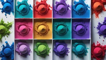 Eyeshadow makeup palette collection. Crushed professional multicolor eye shadow set. Makeup. Professional multicolor makeup isolated on background, close-up. Bright colorful eyeshadows collection.