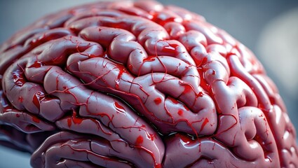 Fototapeta premium Close-up of brain surface displaying blood vessels. There is moderate congestion and areas of widespread hemorrhages on the left side.