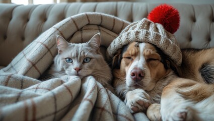 Cold at home, a dog and cat are snuggling in a hat and under a warm blanket. Dog and cat together under a plaid.