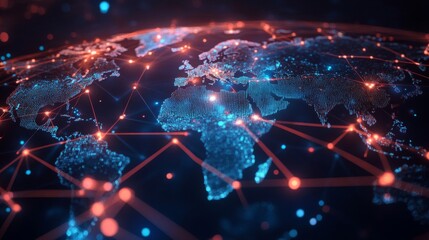 Global Network Connections: Red and Blue Digital World Map