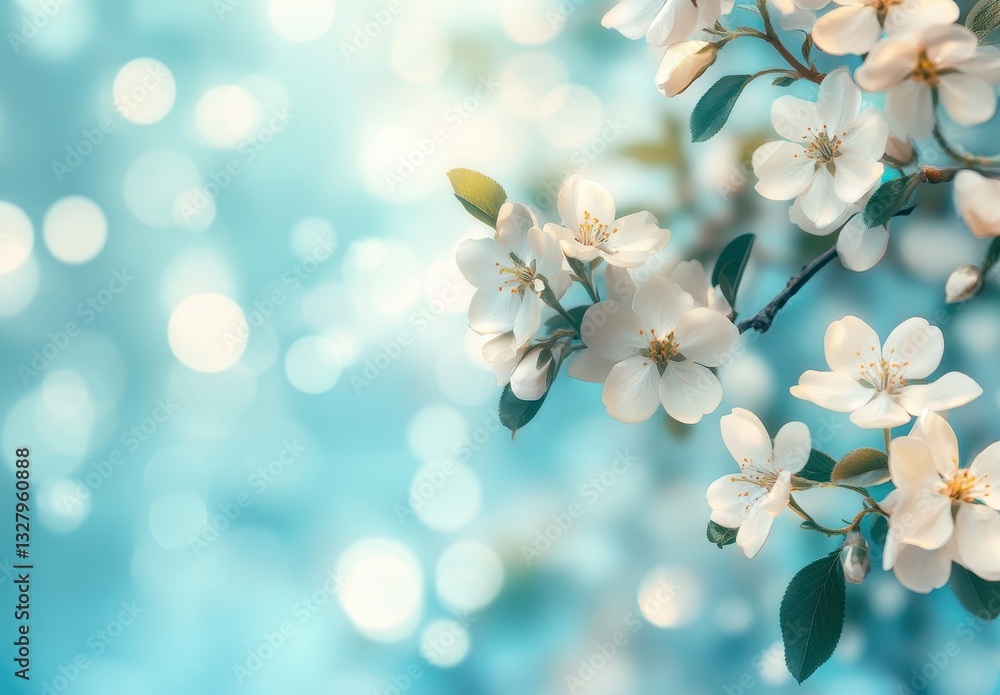 Aufkleber soft white flowers on a delicate branch against a dreamy blue background with sparkling bokeh lights
