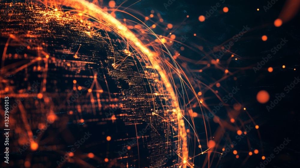 Poster global network connections: abstract earth with orange and red glowing data streams