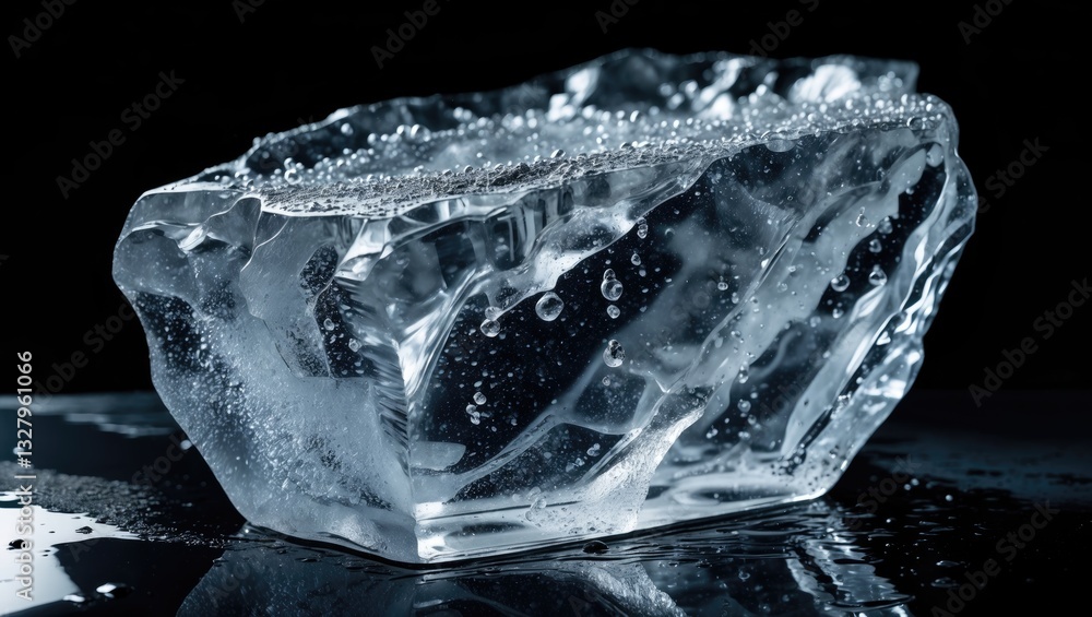 Poster crystal clear natural textured ice block resting on a reflective black surface. clipping path includ