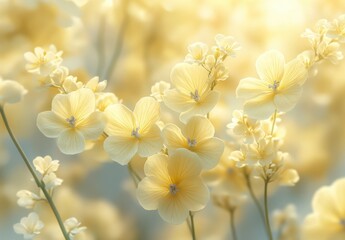 Fototapeta premium Soft Yellow Flowers in Delicate Bloom with Beautiful Light Background Capturing the Serenity and Elegance of Nature’s Floral Beauty
