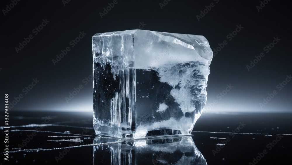 Poster crystal clear natural ice block resting on a black reflective surface. clipping path included.