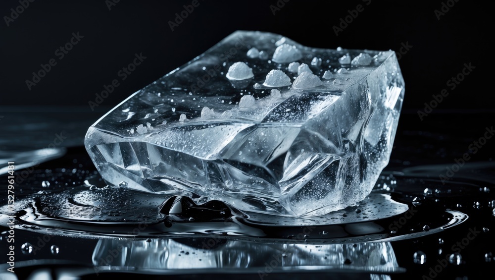 Poster crystal clear natural textured ice block on a shiny black surface. clipping path included.