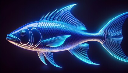Fototapeta premium a fish made from blue neon glow light isolated on dark background