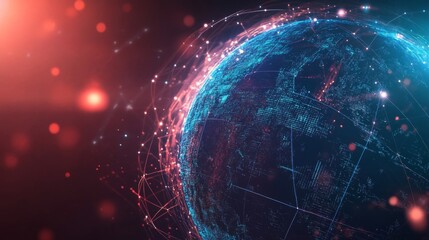 Abstract Global Network: Blue And Red Glowing Earth With Data Connections