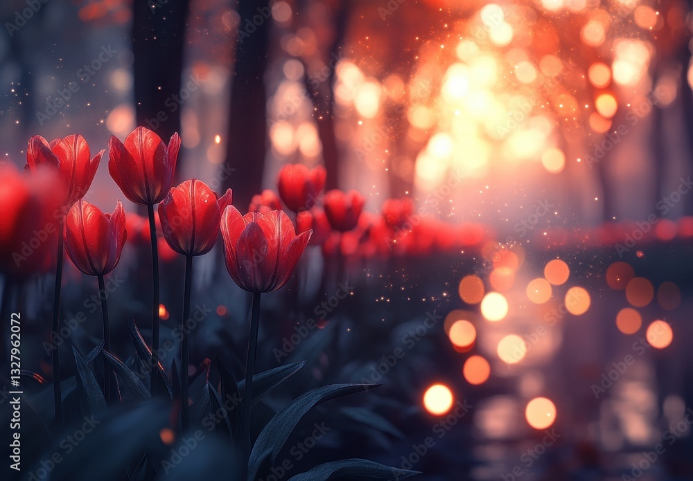 Poster stunning close-up of vibrant red tulips in a dreamy forest setting with beautiful bokeh effect and s