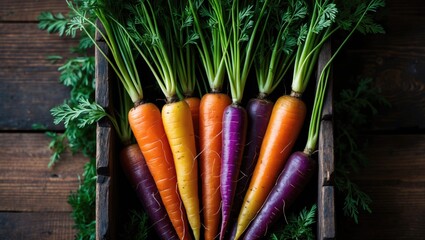 Colorful rainbow carrots with their green leaves arranged in a box on a wooden surface, viewed from above.